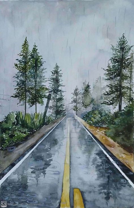 Raining Watercolor Paintings, Rain Storm Drawing, Watercolor Art Rain, Watercolor Paintings Rain, Rain Landscape Painting, Rain Watercolor Painting Easy, Rain Season Drawing, Raining Watercolor, Rain Drawing Easy