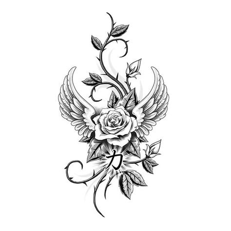 Angel And Rose Tattoo Designs, Angel Wing With Flower Tattoo, Angel Wings And Roses Tattoo, Flower Angel Tattoo, Rose And Angel Wing Tattoo, Angel Flower Tattoo, Wings With Flowers Tattoo, Rose Angel Tattoo, Wings And Roses Tattoo