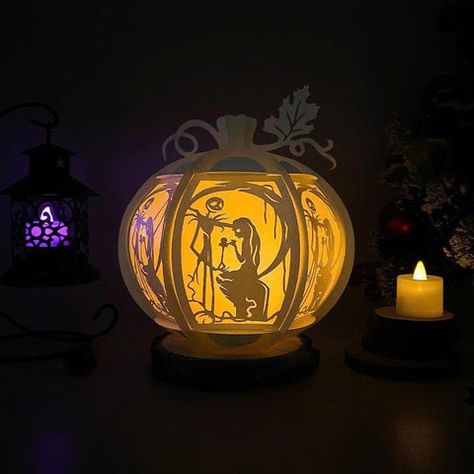 Free Templates - Lantern Pumpkin Nightmare Before Christmas - Paper Cut File - LightBoxGoodMan Lantern Paper, Globe Lantern, Lantern Template, Lantern Svg, Halloween Lantern, Projets Cricut, Halloween Lanterns, Pumpkin Spider, 3d Shadow Box