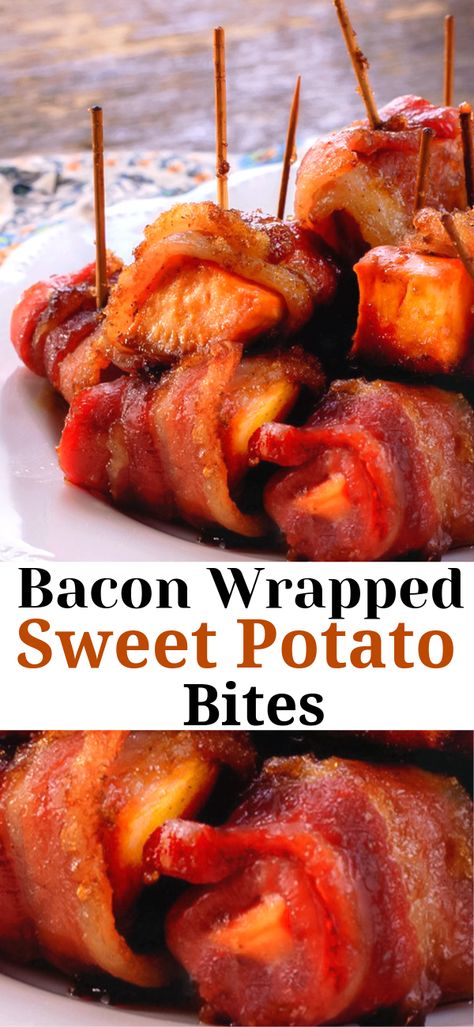 Sweet Potato Appetizers, Bacon Wrapped Potatoes, Sweet Potato Wrap, Sweet Potato Bites, Sweet Potato Bacon, Potato Appetizers, Sweet Potatoe Bites, Bowl Party Food, Bacon Appetizers