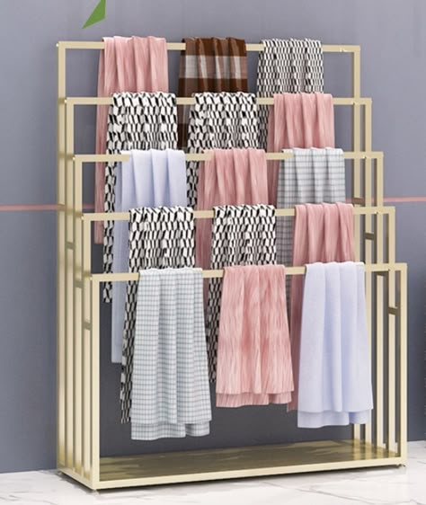 gold scarf display rack design, gold scarf display stand, gold scarf displays for sale Cloth Display Rack, Clothing Store Racks Ideas, Cloth Stand Design, Racks Design Display, Scarf Store Design, Fashion Display Ideas, Clothes Display Ideas, Scarf Display Ideas, Clothing Display Ideas