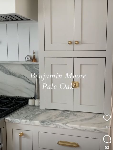 Light Cabinets With Dark Floors, Greige Lowers White Uppers, Modern Greige Kitchen, Pure Salt Kitchen, Greige Lower Cabinets White Upper, Feather Down Benjamin Moore Cabinets, Kitchen With Grey Granite, Warm Cabinet Colors, Greige Cabinet Black Countertop