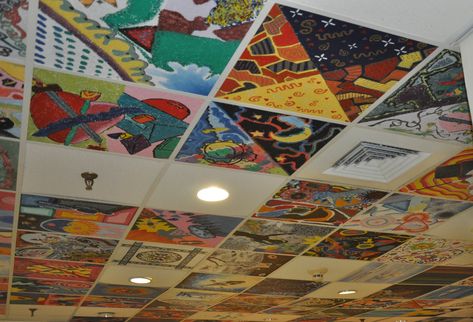 Ceiling Tiles Painted School, Ceiling Tile Art, Tile Art Ideas, Ceiling Tiles Art, Ceiling Tiles Painted, Ceiling Artwork, Drop Ceiling Tiles, Ceiling Art, Wallpaper Ceiling