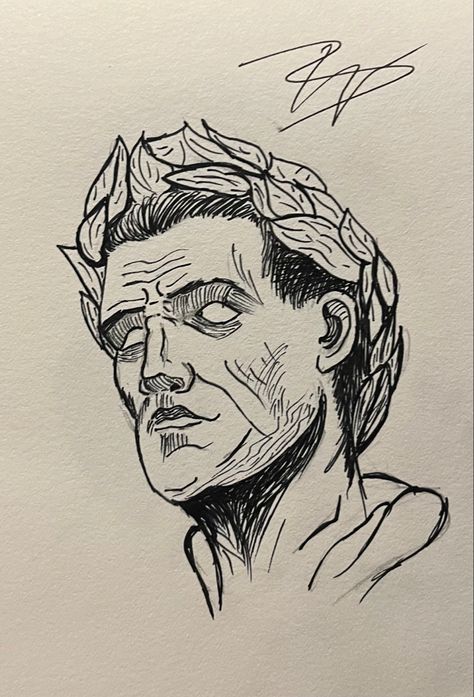 Julius Cesar Roman emperor fast sketch black and white pen fine lines Julius Caesar Projects Ideas, Julius Caesar Drawing, Julius Caesar Aesthetic, Pen Sketches Aesthetic, Julius Cesar, Roman Drawings, English Project, Eye Illustration, Family Logo