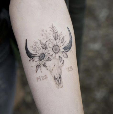 Taurus Bull With Flowers Tattoo, Bull Horns With Flowers Tattoo, Longhorn Tattoo Flowers, Bull Head Tattoo With Flowers, Bull Skull Tattoo With Cactus, Horns And Flowers Tattoo, Small Cow Skull Tattoo For Women, Long Horn Bull Skull Tattoo With Flowers, Long Horn Cow Skull Tattoo