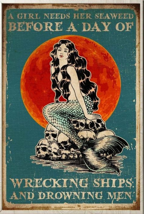 Vintage Mermaid Poster, Metal Mural, Retro Mermaid, Coffee Shop Wall, Mermaid Poster, Mermaid Illustration, Vintage Mermaid, Bar Coffee, Mermaid Life