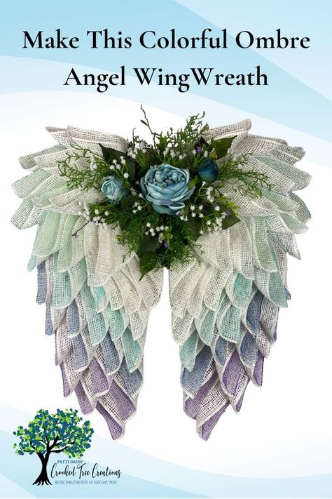 How To Make Angel Wings, Wreath Techniques, Colorful Angel Wings, Angel Wing Wreath, Memorial Wings, Angel Wings Flower, Cross Wreath Diy, Angel Wing Crafts, Ethereal Angel