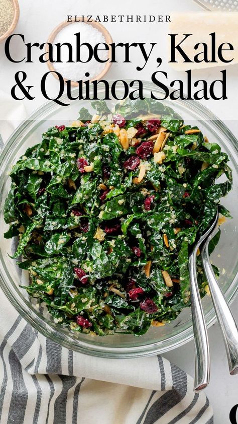 This Cranberry, Kale & Quinoa Salad makes the perfect side to entertain with any time of the year!It’s also great as a weeknight dinner.The brightness of the lemon juice paired with the sweet and tangy cranberries and hearty kale make for a wonderful dish. Just make sure you massage the kale—yes, massage it!—more on that below.#CranberryKaleQuinoaSaladRecipe #SuperfoodSalad #QuinoaSaladWithCranberriesAndKale #HealthyCranberryKaleSalad #CranberryKaleSaladWithQuinoa Harvest Quinoa Bowl, Fall Quinoa, Cranberry Quinoa Salad, Kale Quinoa, Kale Quinoa Salad, Light Salad, Toasted Pumpkin Seeds, Quinoa Salad Recipes, Quinoa Bowl