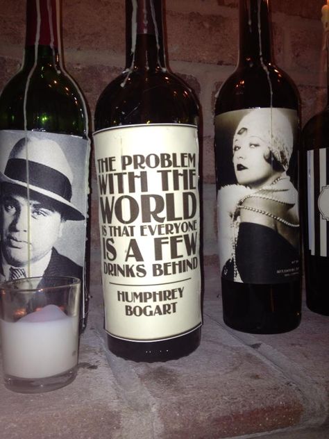 Roaring 20's Party Wine Bottle Decor 1920 Party, Roaring 20s Birthday, Mafia Party, Gangster Party, 1920s Themed Party, 1920's Party, Gatsby Birthday, Prohibition Party, Gatsby Party Decorations