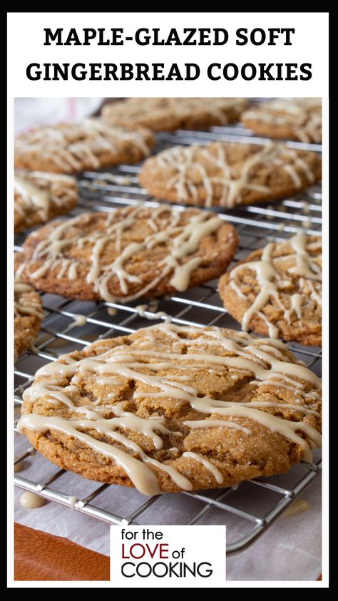 These nicely spiced, big soft ginger cookies are made extra special with a drizzle of maple glaze. Perfect for the holiday season! #recipe #cookies #gingerbreadcookies #christmascookies #dessert #recipes #gingercookies Big Soft Ginger Cookies, Soft Ginger Cookies, Soft Gingerbread, Cookie Glaze, Pinch Of Yum, Recipe Cookies, Soft Gingerbread Cookies, Make Cookies, Maple Glaze