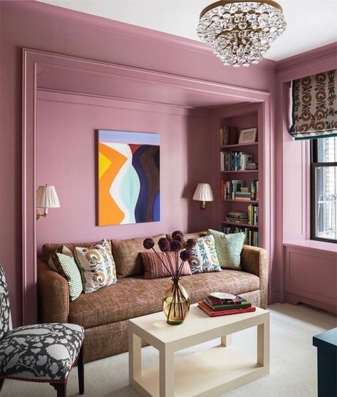 Cinder Rose Farrow And Ball, Cinder Rose, Katie Ridder, White Glass Chandelier, Upholstered Banquette, Manhattan Apartment, Fabric Photography, Farrow And Ball Paint, Farrow And Ball