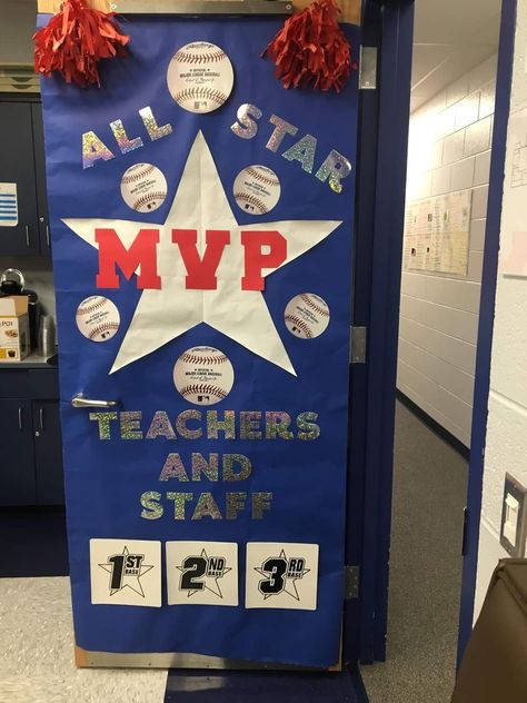 All Star Teacher Appreciation Week Theme, Sports Theme Door Decorations Classroom, Sports Teacher Appreciation, Baseball Themed Teacher Appreciation, Baseball Staff Appreciation, Baseball Teacher Appreciation, Staff Appreciation Themes Party Ideas, Teacher Appreciation Week Sports Theme, Male Teacher Classroom Ideas