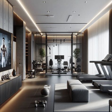 Create a modern custom home gym with sleek equipment and minimalist decor. Get inspired to design your perfect workout sanctuary! #ModernHomeGym #MinimalistFitness #SleekEquipment #WorkoutSpace #FitnessInspiration Home Fitness Studio, Pilates Cardio Workout, Commercial Gym Design, Home Workout Space, Small Home Gym Ideas, Pilates Cardio, Home Gym Inspiration, Gym Lighting, Bar For Home