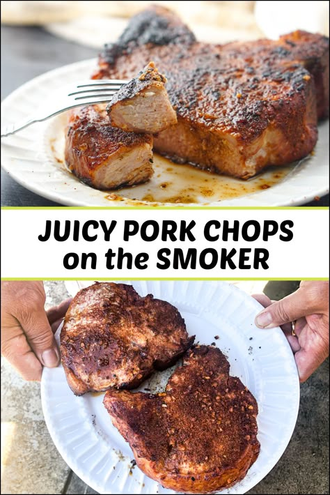 If you enjoy smoked meats you have try this delicious and easy smoked pork chops recipe. Using a tasty rub over thick meaty chops and cooked in a smoker to get juicy, tender delicious pork chops. There are virtually no carbs in this recipe so it's perfect for those on a keto diet. The flavor is so good you have to give it a try. Pellet Grill Pork Chops, Traeger Pork Chops, Thick Pork Chop Recipe, Pellet Smoker Recipes, Bone In Pork Chops, On The Smoker, Smoked Pork Chops, Center Cut Pork Chops, Traeger Grill Recipes