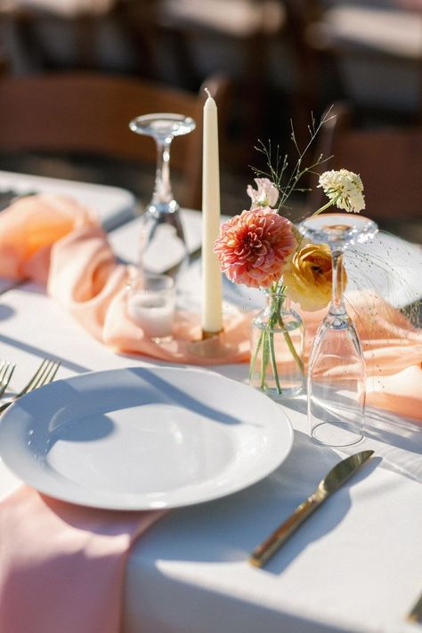 Peach Table Decorations, Peach Table Runner Wedding, Wedding Table Layout, White Candles Wedding, Brunch Table Decorations, Pink Wedding Table, Peach Color Palette, Cloth Napkins Wedding, Peach Pink Wedding