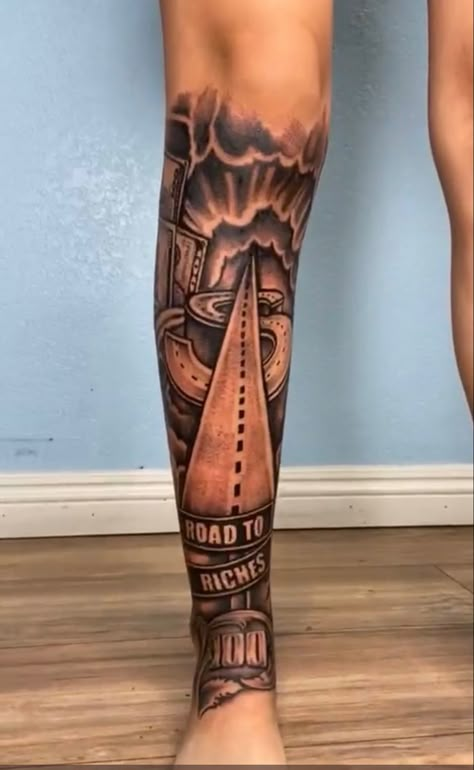 Front Of Leg Tattoo Men, Creative Leg Tattoos Men, Men Lower Arm Tattoos, Rare Tattoos Men Leg, Struggle Tattoo Ideas Men, Mens Wrap Around Leg Tattoo, Road To Riches Tattoo For Men, Road To Riches Tattoo Design, Men Calf Tattoo Ideas