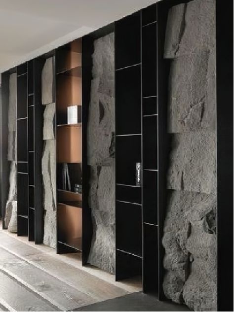 Display Cabinet Design, Stone Paint, Shelving Design, Stone Cladding, Wall Cladding, Office Interior Design, Cabinet Design, Stone Wall, Interior Walls