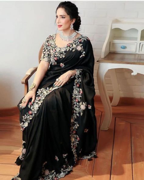 Cash On Delivery Available In India ❣️. *🌿Black Sargam Sarees 🌿* *Price : 1999/-*😍 📝*Description*📝 Looking some one for this same colour beautiful Saree for wedding on premium Soft Georgette fabric with C-pallu All Over Embroidery Work Butti & Cutwork Border and Hevay Embroidery Work blouse. 🥻🥻 *Saree*🥻🥻 Fabric. :- Georgette Work :- Embroidery Cut :- 5.5 mtr *👚👚Blouse * 👚👚 Fabric. :- Mono Banglory silk Work :- Heavy Embroidery Cut. :- 1.20 mtr (Un-stitch) *Full stock available* ... Saree Prom, Black Colour Saree, Black Party Wear, Fancy Saree, Simple Kurti Designs, Party Sarees, Fashion Design Collection, Embroidered Border, Pants Women Fashion