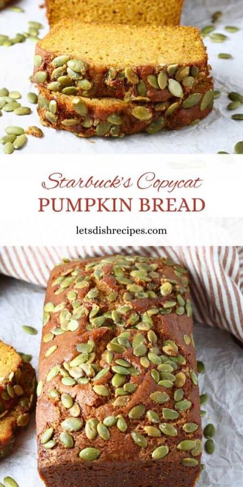 Copycat Starbucks Pumpkin Bread Recipe -- Craving Starbucks pumpkin bread but want to make it at home? This easy recipe gives you all the same fall flavors. With a moist pumpkin base and a crunchy, maple-glazed pepita topping, this bread is perfect for breakfast or a sweet snack. Starbucks Copycat Pumpkin Bread, Copycat Starbucks Pumpkin Bread, Pumpkin Bread Starbucks, Starbucks Gingerbread Loaf, Starbucks Pumpkin Bread Recipe, Pumpkin Bread Starbucks Copycat, Pumpkin Pecan Bread, Starbucks Pumpkin Bread, Baked Desserts