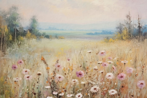 A vintage painting of a countryside wildflower field. Muted Bedroom, Flower Field Watercolor, Ig Background, Flower Field Painting, Vintage Aesthetic Room, Wildflower Painting, Wildflower Paintings, Landscape Vintage, Wildflower Field