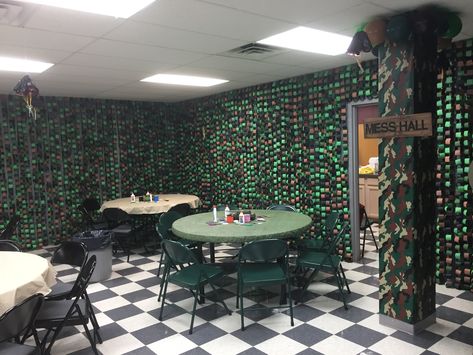 Camo Classroom Theme, Military Decorating Ideas, Abc Bootcamp, Army Boot Camp, Camp Vbs, Mess Hall, Army Decor, Sunday School Decorations, Camo Boots