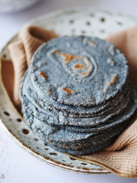 Masa Tortilla Recipe, Corn Tortilla Recipe, Corn Flour Tortillas, Blue Party Foods, Corn Taco Shells, Corn Tortilla Recipes, Blue Corn Tortillas, Corn Taco, Recipes With Flour Tortillas