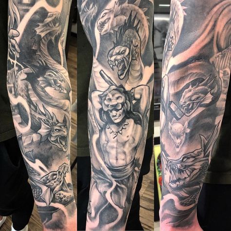 Greek Mythology Tattoos Hercules, Hercules And Lion Tattoo, Hydra Tattoo Greek Mythology, Lernaean Hydra Tattoo, Hercules Vs Hydra Tattoo, Hydra Tattoo, Hercules Vs Hydra, Hercules Tattoo, Empire Tattoo