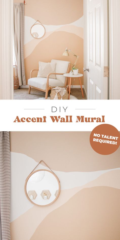 Paint Design Behind Bed, Neutral Accent Wall Paint, Easy Nursery Paintings Diy, Paint Design Accent Wall, Diy Watercolor Accent Wall, Easy Painted Accent Wall Ideas, Boho Wood Accent Wall, Abstract Nursery Wall, Painting Shapes On Walls Diy