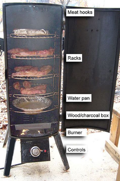 A propane smoker grill showing the lay out of burner, wood chips and meat. Photo: Dennis Brown. Pork Taco, Propane Smokers, Pit Bbq, Barbecue Smoker, Meat Smoker, Outdoor Bbq Grill, Smoker Cooking, Bbq Grill Design, Bbq Smoker