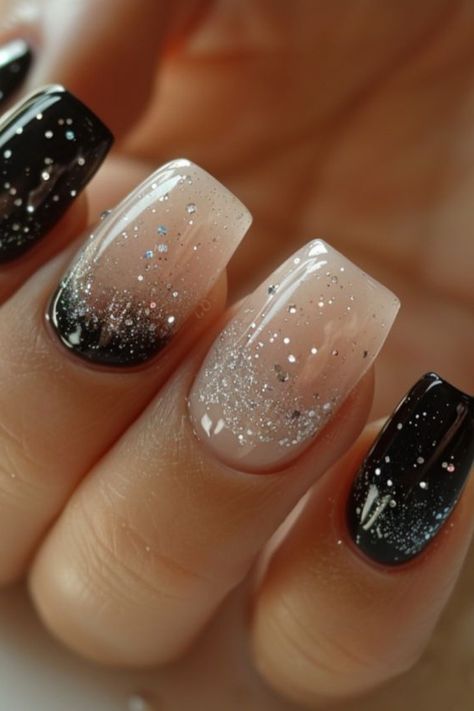 ✨ Dive into the enchantment of the "Shimmering Collection 2024" for black nails! These designs fuse graceful shimmer and dazzling sparkle, elevating your nails to the center of attention in any ensemble. Whether it's a touch of glitter or a radiant shimmer, your nails are sure to mesmerize. Save it for later and let your nail art shine! 💅🖤 #NailArt #BlackNails Black Dip Nail Designs, Black Sparkly Nail Designs, Black Nails Sparkle, Square Round Nail Designs, Dark Elegant Nails, New Years Eve Nail Art, New Years Eve Nail, Glitter Nail Paint, Glitter Gel Nail Designs