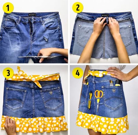 Denim Shorts Into Skirt Diy, Diy Demin, Things To Do With Old Jeans, Old Jeans Projects, What To Do With Old Jeans, Jeans Projects, Upcycle Shoes, How To Make A Skirt, Craft Apron