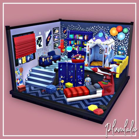 Plumlala🎀 on Instagram: “I love doing themed children’s bedrooms! I have so much fun with them. It’s time for your little sim to take off into space 🪐☄️🚀🔭. -…” Geek Bedroom, Sims4 Houses, Sims Room, Sims4 Builds, Sims 4 Challenges, Space Themed Bedroom, Space Themed Room, Houses Ideas, Casas The Sims 4