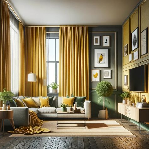 Green Wall Yellow Curtain, Mustard Yellow Curtains Living Room, Mustard Curtains Living Room, Yellow And Grey Curtains, Yellow Curtains Living Room, Emerald Green Curtains, Mustard Living Rooms, Curtains For Grey Walls, Olive Green Curtains