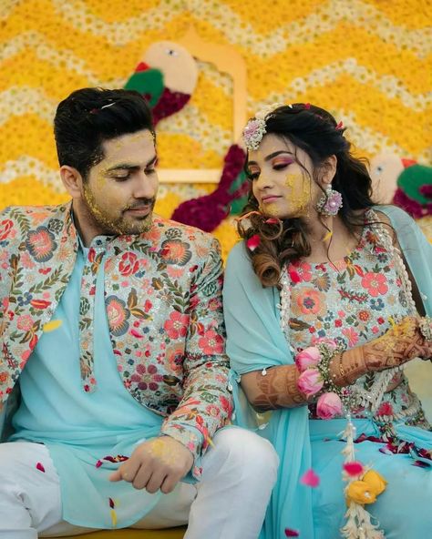 Amidst the swirling turmeric, promises of a lifetime unite us in golden hues 💛 Every moment of this vibrant Haldi ceremony speaks of love and tradition, echoing the joyous beginning of forever. . Couples @styleawhileofficial @tiklup7 Moments captured by @fotobar.foto Outfits - Designed & Customised by the groom himself;) MUA - @revekamakeovers Decor & Design by @eventerio_ Location - @noormahalkarnal_ #HaldiCeremony #IndianWedding #BrideAndGroom #WeddingPhotography #WeddingMoments #BespokeO... Haldi For Groom Decoration, Haldi Ceremony Outfit Groom, Haldi For Groom, Haldi Outfits For Groom, Haldi Ceremony Outfit For Groom, Outfit For Groom, Haldi Outfit For Bride, Ceremony Outfit, Haldi Ceremony Outfit