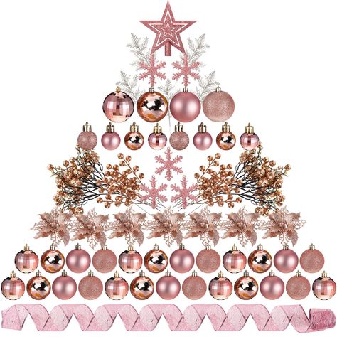 PRICES MAY VARY. Rose Gold Christmas Decoration Set: this package comes with 94 pieces Christmas tree decorations set, including 53 pieces Christmas ball ornaments, 12 pieces berry picks, 6 pieces glitter berry stems, 10 pieces Christmas leaves, 12 pieces Christmas flowers with clips and 1 roll of ribbon, the quantity is sufficient to meet your home decorative needs on Christmas Reliable and Sturdy: made of quality plastic material, these rose gold Xmas tree decorations are reliable and solid, t Rose Gold Themed Christmas Tree, Rose Gold Pink Christmas Tree, Pink Gold White Christmas Tree, Champagne Pink Christmas Tree, Rose Gold And Pink Christmas Tree, Christmas Tree Ideas Pink And Gold, Pink And Gold Christmas Tree Decorations, Pink And Champagne Christmas Tree, Winter Wonderland Christmas Tree Theme