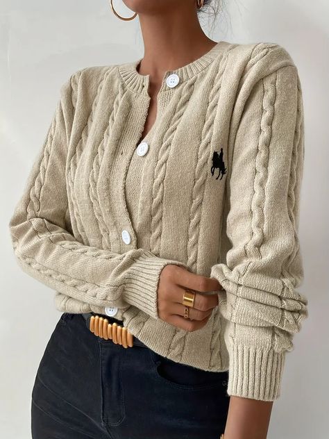 Figure Embroidery, Ralph Lauren Cardigan, Crew Neck Cardigan, Pullover Outfit, Cardigan Casual, Embroidered Cardigan, Button Front Cardigan, Long Sweaters Cardigan, Cardigan Sweaters For Women