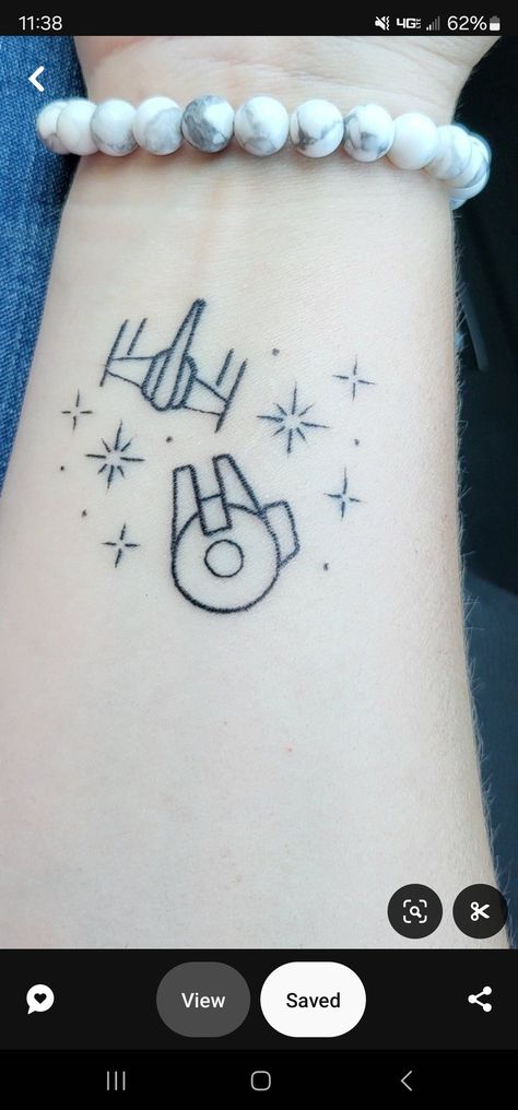 Movie Tattoo Ideas Minimalist, Millenium Falcon Tattoo Minimalist, Xwing Star Wars Tattoo, Subtle Fandom Tattoos, X Files Tattoo Ideas, Star Wars Simple Tattoo, Star Wars Tattoo Small Simple, Tiny Star Wars Tattoo, Droid Tattoo