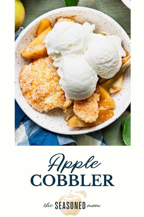 Apple season in the mountains of Virginia means apple butter on cornbread, jars of homemade applesauce, apple crisp, apple pie, and of course -- this old-fashioned apple cobbler recipe! With a warmly spiced fresh fruit filling, buttery biscuit crust, and vanilla ice cream on top, it's one of autumn's most delicious desserts! Southern Apple Cobbler Recipe, Southern Apple Cobbler, Cafe Delights, Easy Apple Cobbler, Easy Cobbler, Fruit Deserts, Biscuit Crust, Cobbler Recipes Easy, Apple Cobbler Recipe