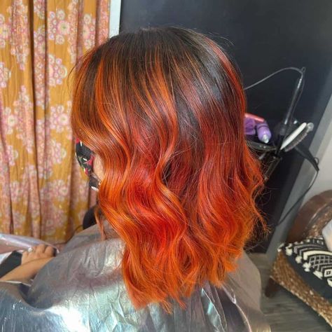 Orange Hair Bright, Fire Ombre Hair, Dark Orange Hair, Orange Ombre Hair, Burnt Orange Hair, Funky Hair Colors, Hair Color Orange, Funky Hairstyles, Long Brown Hair