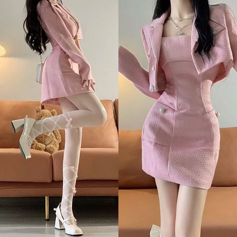 Pink Outfits Formal, Chanel Pink Outfit, Pink Date Night Outfit, Dress With Outer, Cute Korean Fashion, Korean Fashion Work, Mix Match Outfits, Dressy Casual Outfits, Outfit Korean