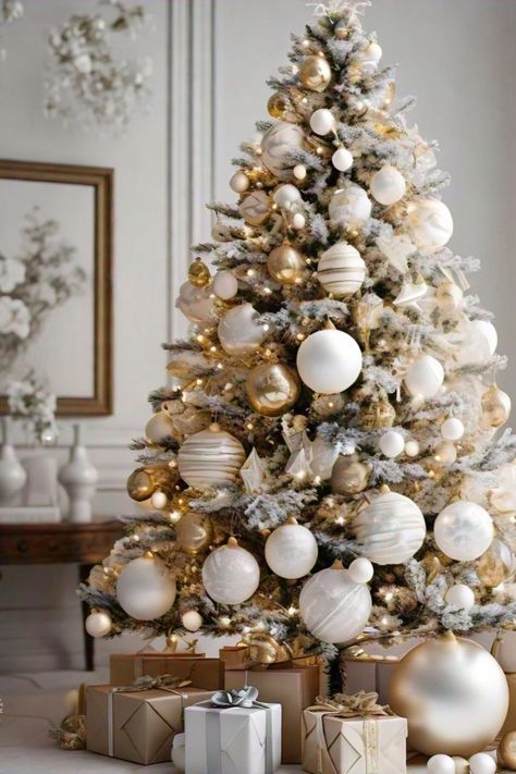 White Gold And Wood Christmas Tree, Ivory And Gold Christmas Tree, Diy Christmas Deco, Gold And White Christmas Tree, White And Gold Christmas, Tree Decorations Diy, Christmas Window Display, Creative Christmas Trees, Christmas Tree Decorations Diy