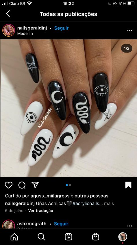 Nail Designs Alien, Simple Celestial Nails, Alien Nails Acrylic, Rock Nails Designs, Mystical Nail Designs, Gothic Short Nails, Black Witch Nails, Rock Concert Nail Ideas, Rock Concert Nails