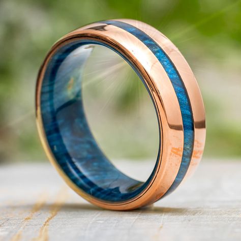 Rose Gold and Blue Wood Wedding Ring Men's Wedding Rings Rose Gold, Gold And Blue Mens Wedding Band, Blue Men’s Wedding Band, Men’s Wedding Band With Sapphire, Men’s Sapphire Ring, Sapphire Wedding Band Men, Men Engagement Ring For Him, Men’s Engagement Ring, Men’s Engagement Rings