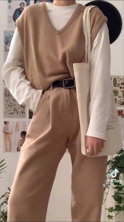 Light brown sweater vest with a white long-sleeved underlayer straight pants, black buckle belt Dark Academia Outfits, Dark Academia Outfit, Academia Outfits, Academia Fashion, Karl Jacobs, Modest Fashion Outfits, Vest Outfits, 가을 패션, Fashion Mode