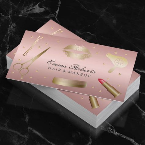 Makeup Artist Hair Stylist Modern Rose Gold Salon Business Card Rose Gold Beauty Salon, Rose Gold Salon, Beauty Parlour Business Card, Emma Roberts Hair, Makeup Artist Visiting Card Ideas, Business Card Design For Makeup Artist, Business Card For Makeup Artist, Gold Salon, Silver Business Card