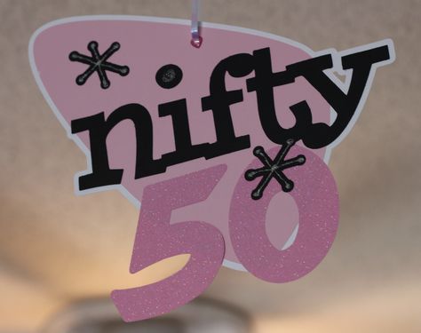 Decor I created for my 50th birthday party with Nifty Fifties cartridge. Nifty Fifty Birthday, Auction Decor, Nifty 50, My 50th Birthday, Cricut Birthday, 50th Birthday Decorations, 50 Birthday, Fifty Birthday, Cricut Tips