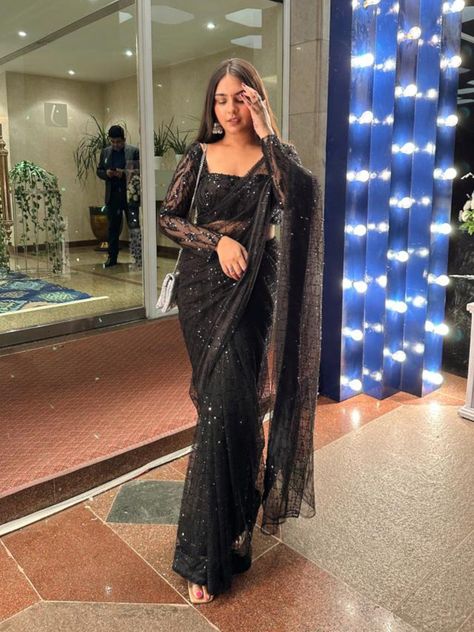 Saree For Farewell Party Beautiful, Black Netted Saree, Satin Saree With Full Sleeve Blouse, Farewell Sarees School Black, Organza Sarees Black, Saree For Friends Wedding Indian, Black Saree For Farewell Party, Black Saree Styling Ideas, Outfit For Farewell Party