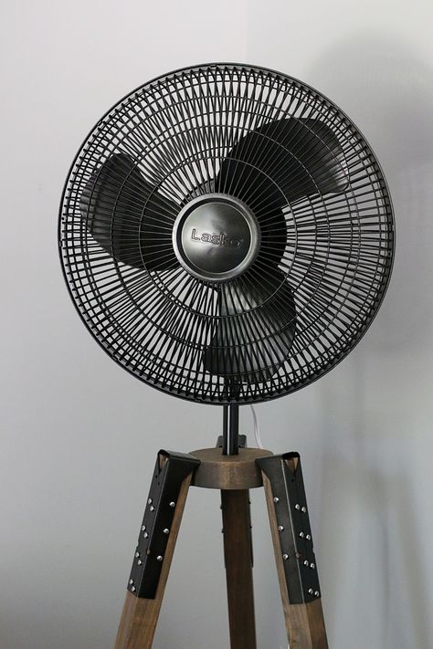 Industrial Tripod Fan DIY | From Bower Power Blog Industrial Diy Decoration, Industrial Diy Decoration Ideas, Diy Industrial Home Decor, Fan Diy, Industrial Diy, Industrial Home Design, Industrial Pipe Shelves, Industrial Fan, Pedestal Fan