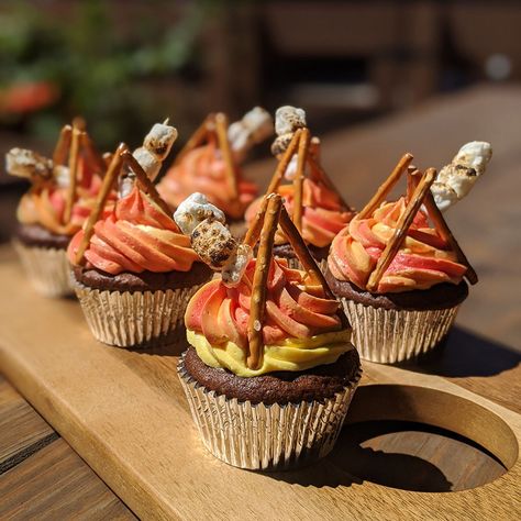 Campfire Cupcakes | Ready Set Eat Camping Party Cupcakes, Caveman Party, Campfire Cupcakes, Mexican Pizzas, Campfire Cake, Bonfire Birthday, Mexican Pizza Recipe, Camp Party, Ready Set Eat