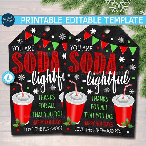 Christmas Soda Thank You Tags, Holiday Appreciation, Treat Printable Chalkboard Tags, Teacher Volunteer Staff Thank You, Editable Template Soda Gift Tags, Sunshine Cart, Chalkboard Tags, Staff Appreciation Gifts, Staff Gifts, Staff Appreciation, Tag Print, Thank You Tags, Appreciation Gifts